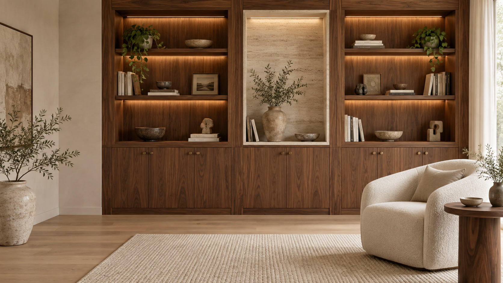 Full-wall walnut built-in shelving with lit shelves and a stone niche