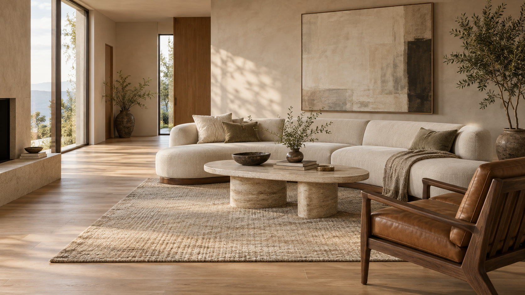 Curved cream sofa, travertine coffee table and leather lounge chair in a warm living room