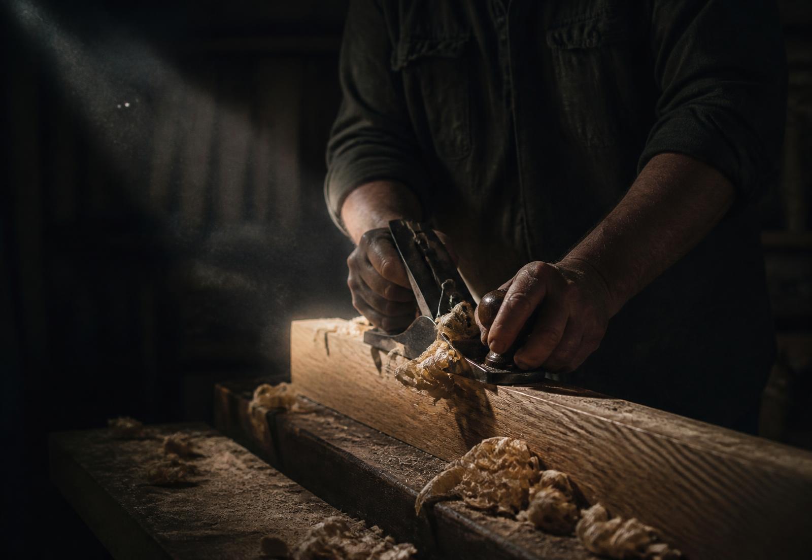 A woodworker hand-planing a length of oak in a dim workshop