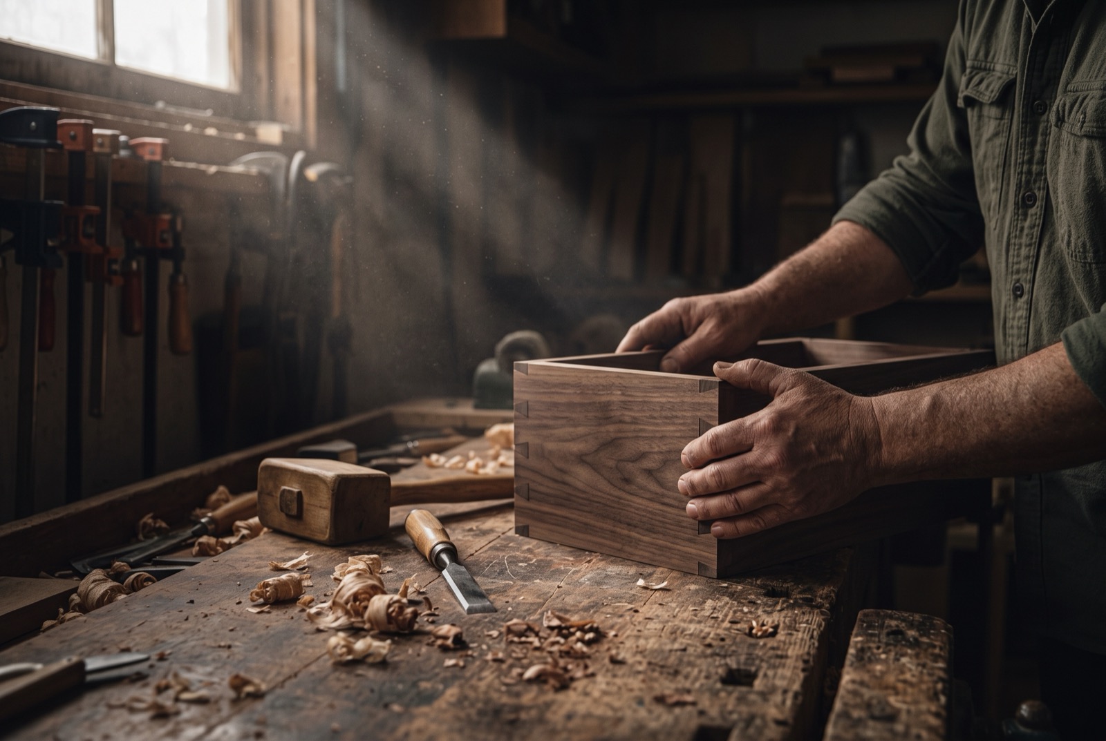 A maker fitting a hand-cut dovetail walnut drawer box at the bench