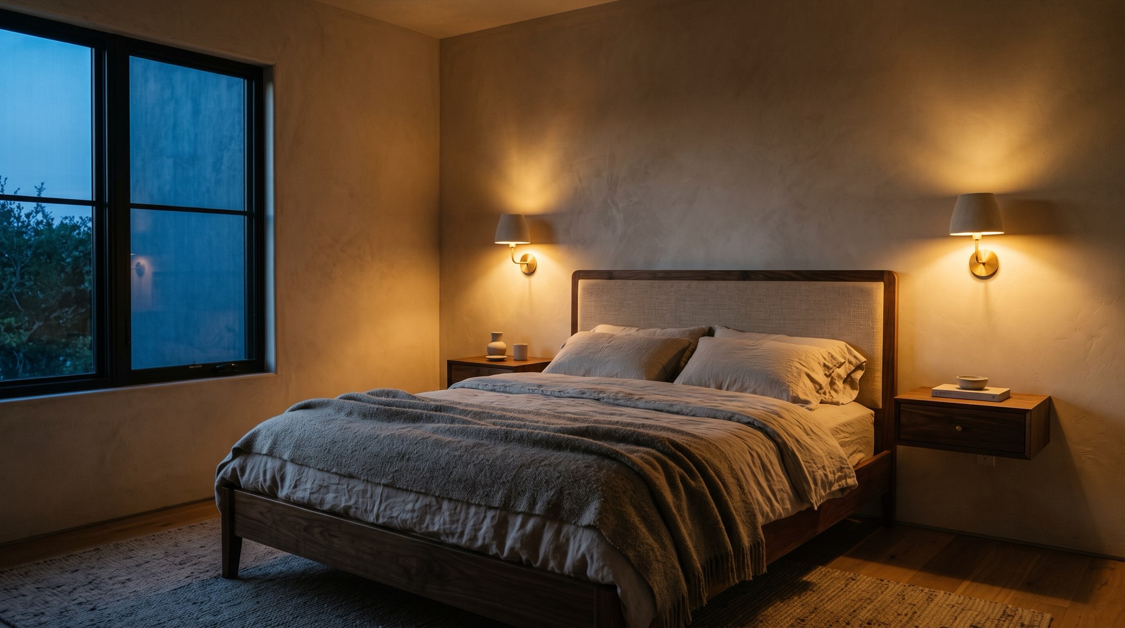 Walnut bed with a linen headboard and plaster and brass sconces glowing at dusk