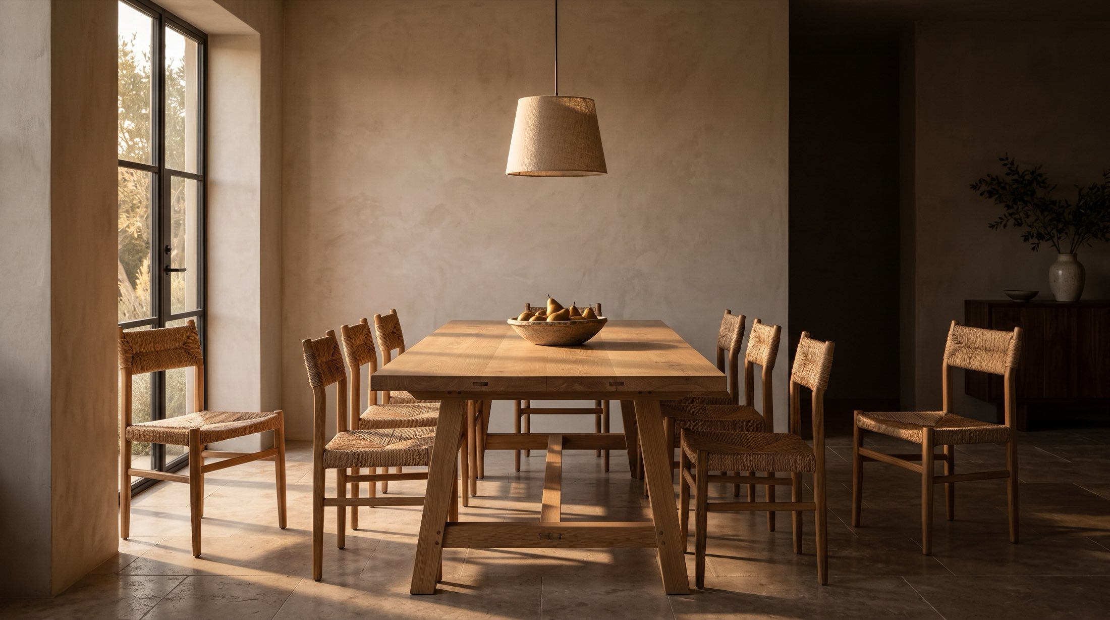 White oak trestle dining table with rush-seat chairs in late golden light
