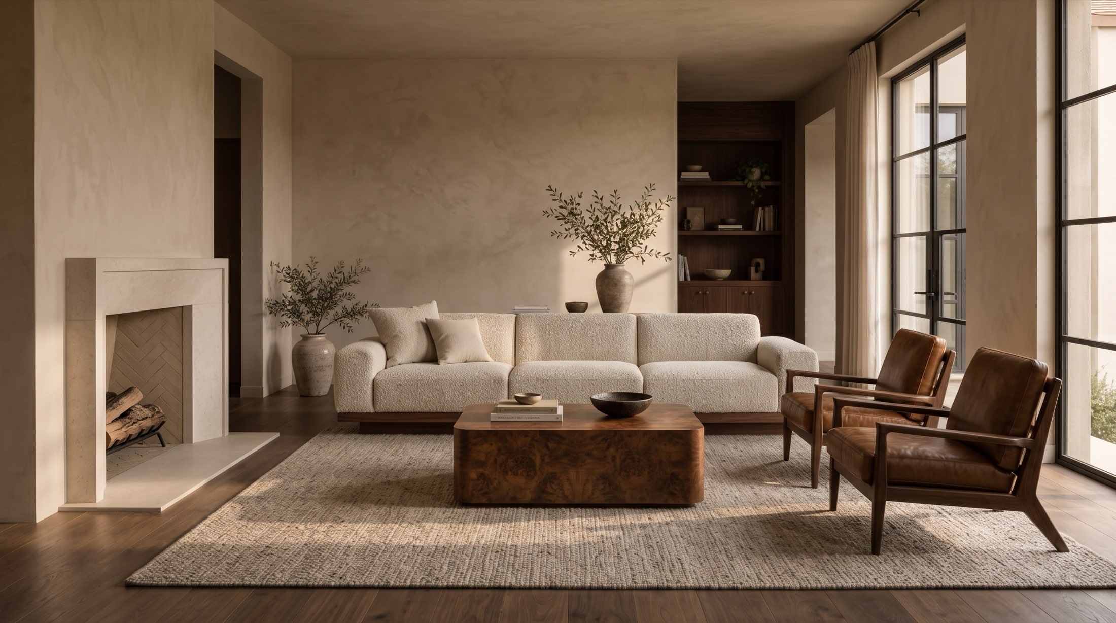 Boucle sofa on a walnut base, burl coffee table and leather lounge chairs by a limestone fireplace