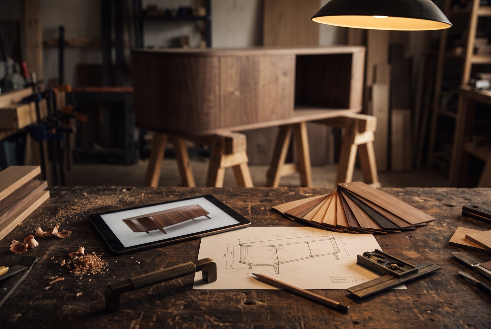 A render of a walnut sideboard on a tablet beside its shop drawing and veneer samples, with the sideboard being built behind